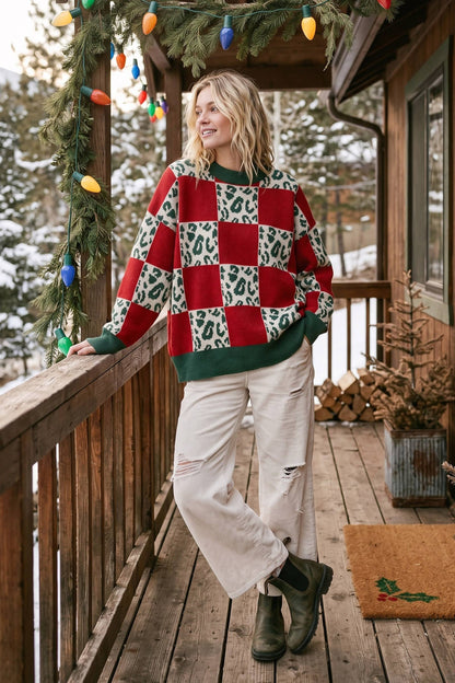 Oversized Leopard Checkerboard Knit Sweater