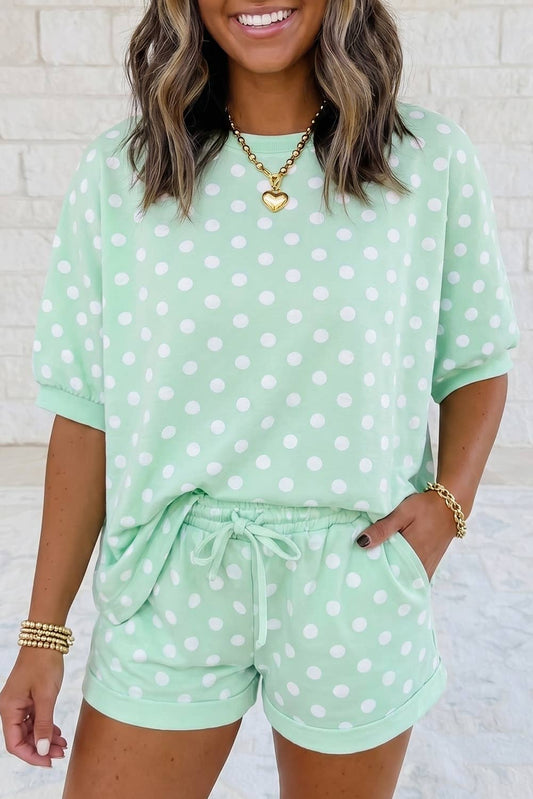 Casual Polka Dot Short Sleeve Top and Drawstring Shorts Set