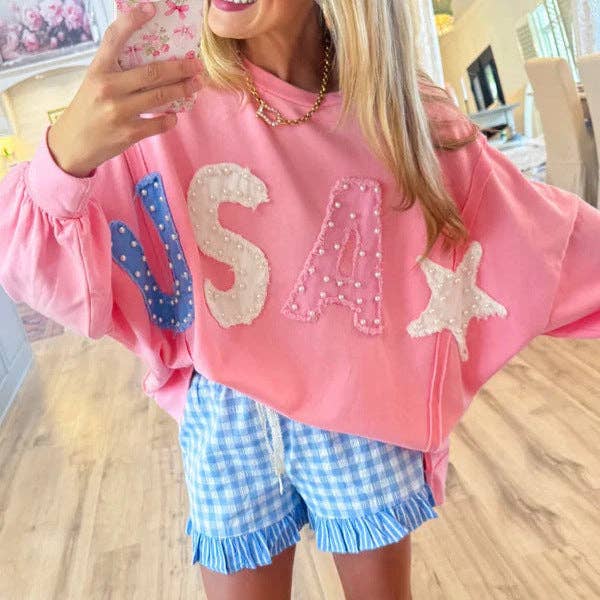 Women's USA Pearl Letter Patch Pink Oversized Sweatshirt Casual Long Sleeve Pullover by