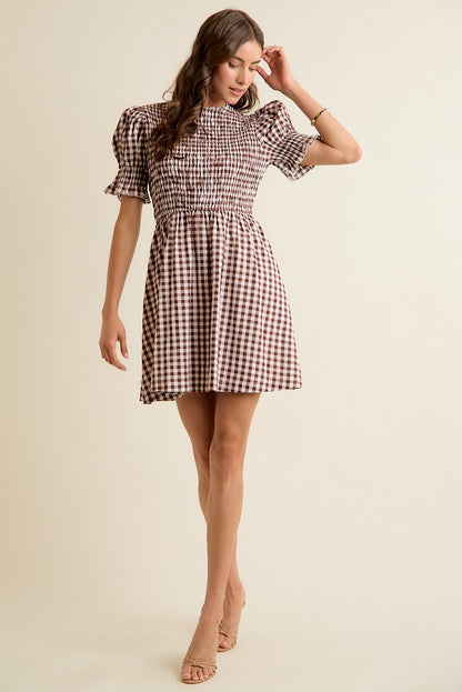 GINGHAM CHECK SMOCKED BODICE PUFF SLEEVES MINI DRESS