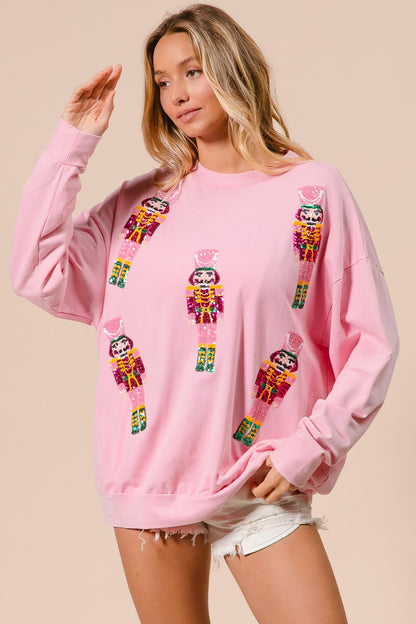 Sequin Nutcrackers Embroidery Christmas Pullover
