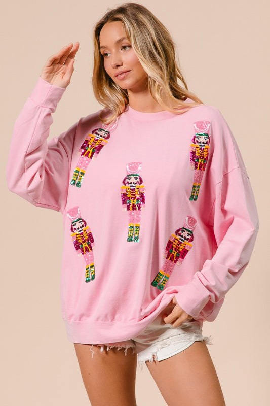 Sequin Nutcrackers Embroidery Christmas Pullover