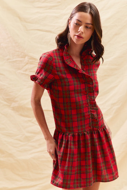 COMING SOON! Red Plaid Christmas Holiday Ruffled Mini Dress