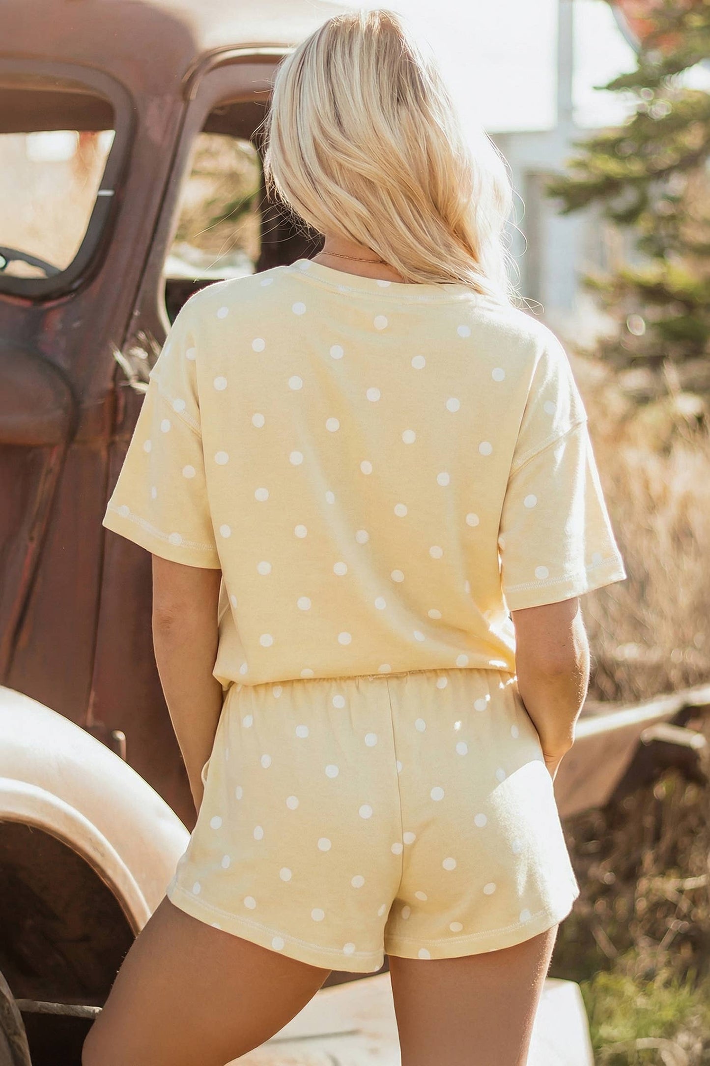 Seam Detail Polka Dot Loose Tee Drawstring Shorts Set
