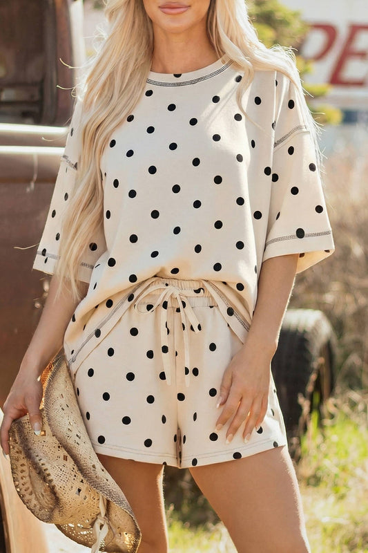 Seam Detail Polka Dot Loose Tee Drawstring Shorts Set