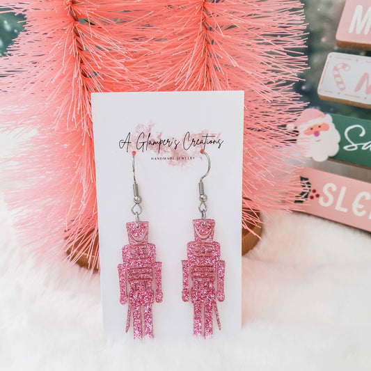Pink Glitter Nutcracker Acrylic Earrings