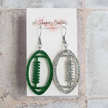 Green & Silver Glitter Acrylic Football Game Day Earrings