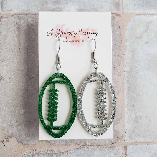 Green & Silver Glitter Acrylic Football Game Day Earrings