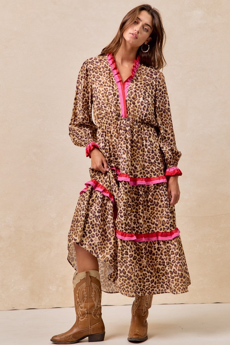 Leopard Printed Midi Dress With Stripe Edged