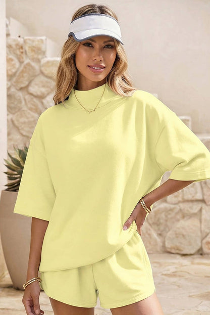 Solid Seam Mock Neck Oversize Tee Shorts 2pcs Outfit| S-4X