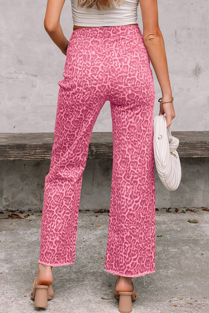 Leopard Frayed Wide Leg High Rise Jeans