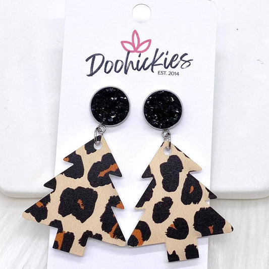 Doohickies - 2" Black & New Leopard Acrylic Tree Dangles -Christmas Earrings