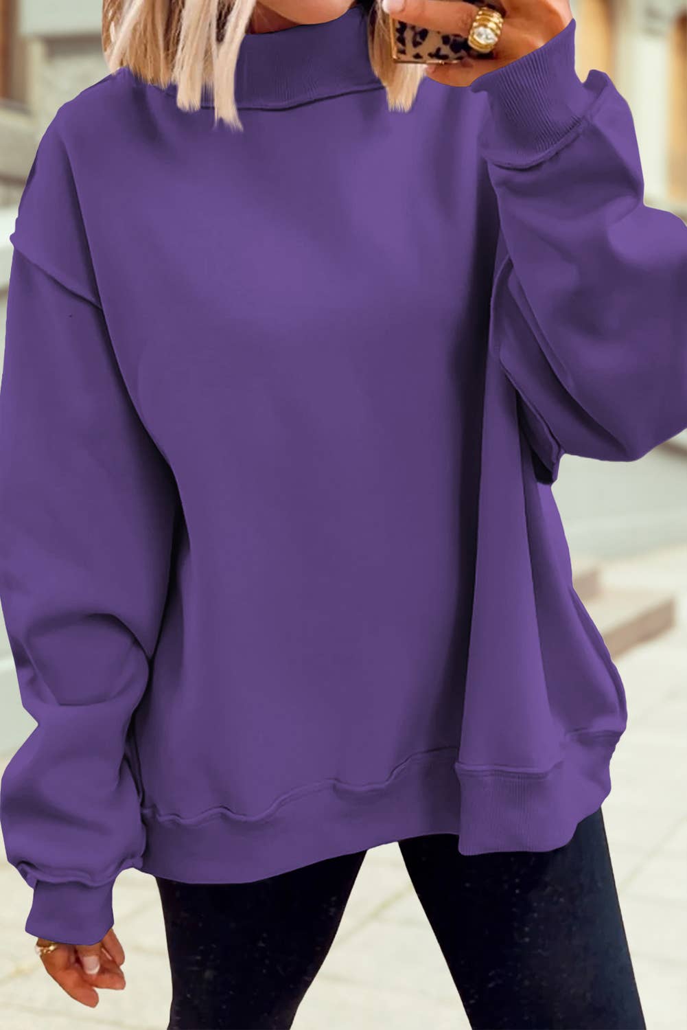 Oversize Drop Shoulder Blank Reversible Mock Neck Sweatshirt